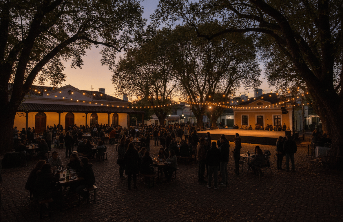 Encuentro cultural al aire libre al atardecer en una plaza suburbana