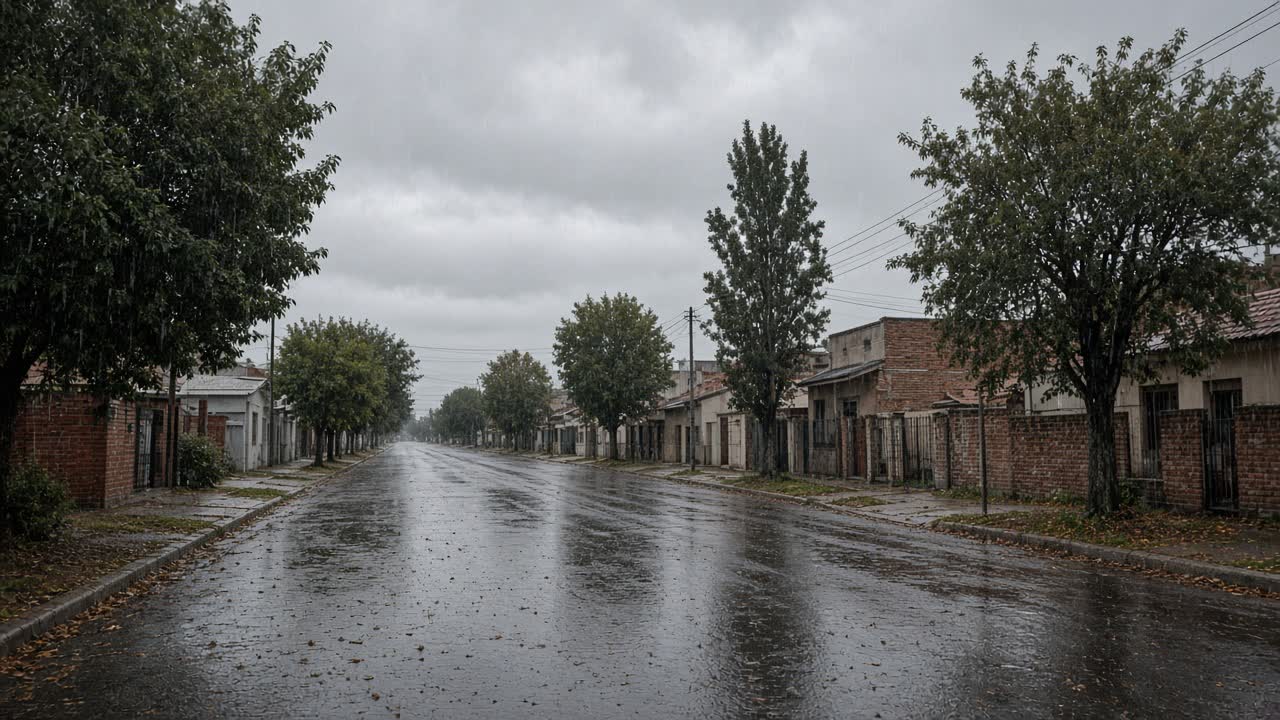 Calle del conurbano bajo cielo nublado y lluvia