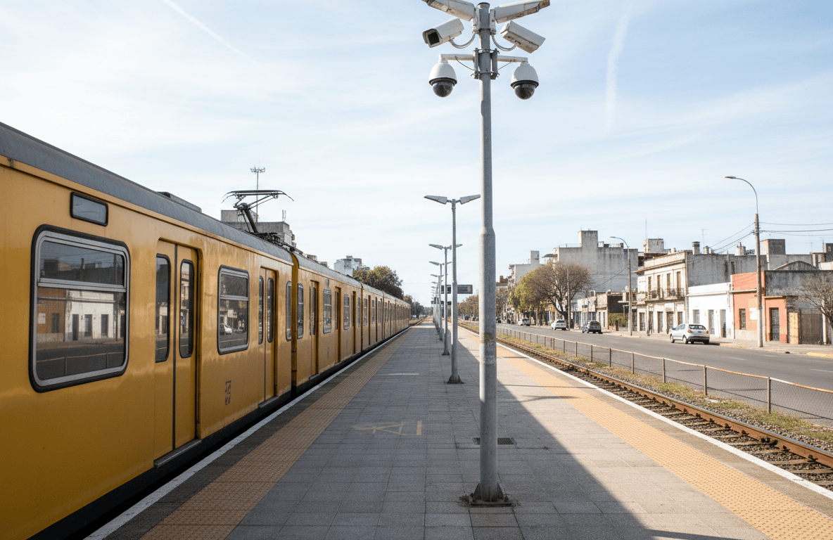Andén de tren suburbano y cámaras de vigilancia en una avenida