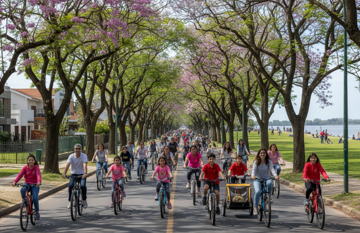 Familias recorren una avenida suburbana en bicicleta hacia un parque