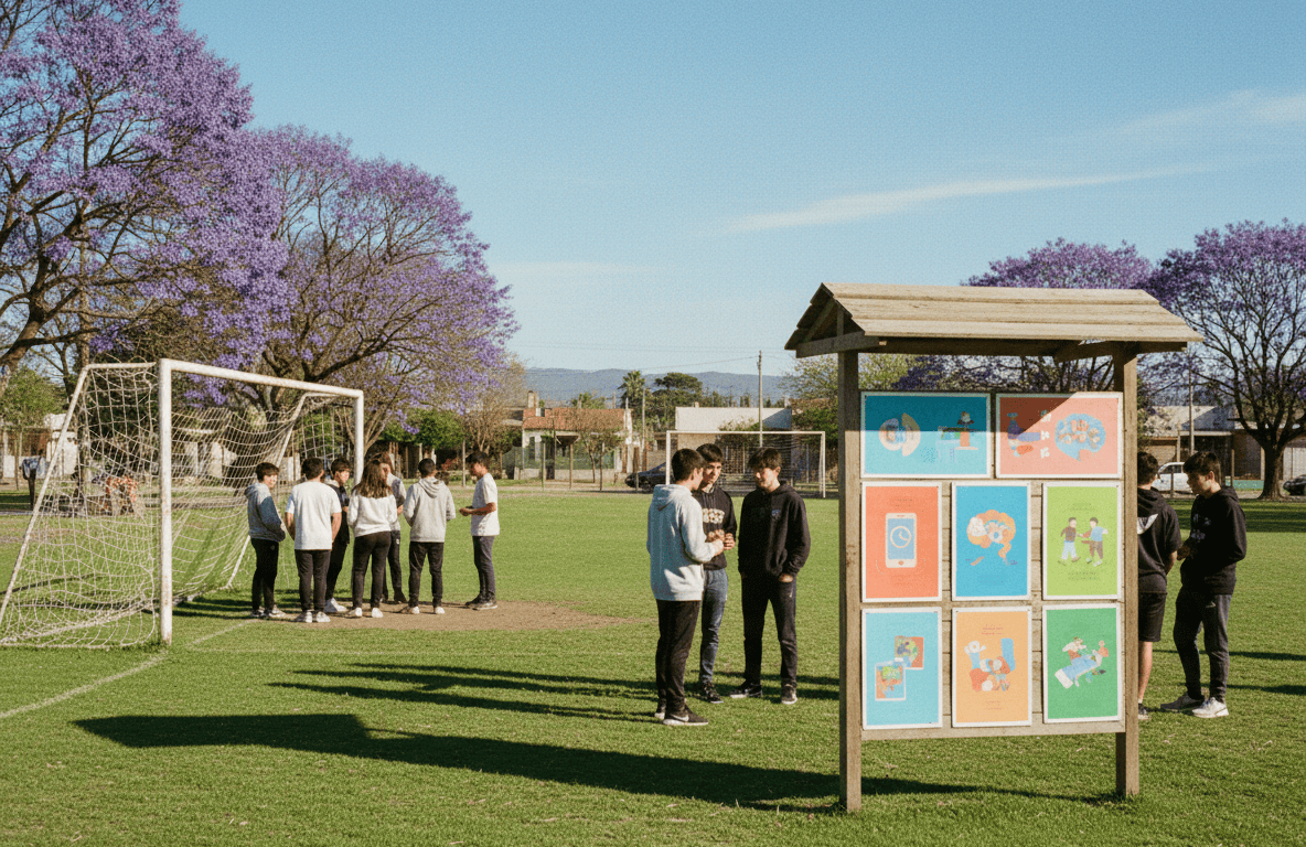 Adolescentes en un campo deportivo al aire libre junto a un stand educativo, sin logos ni texto