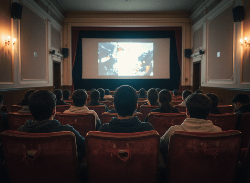 Estudiantes sentados en un teatro municipal miran una pantalla de cine