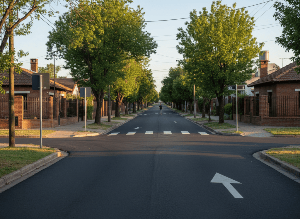 Calle suburbana con marcas de sentido único y señalización vial