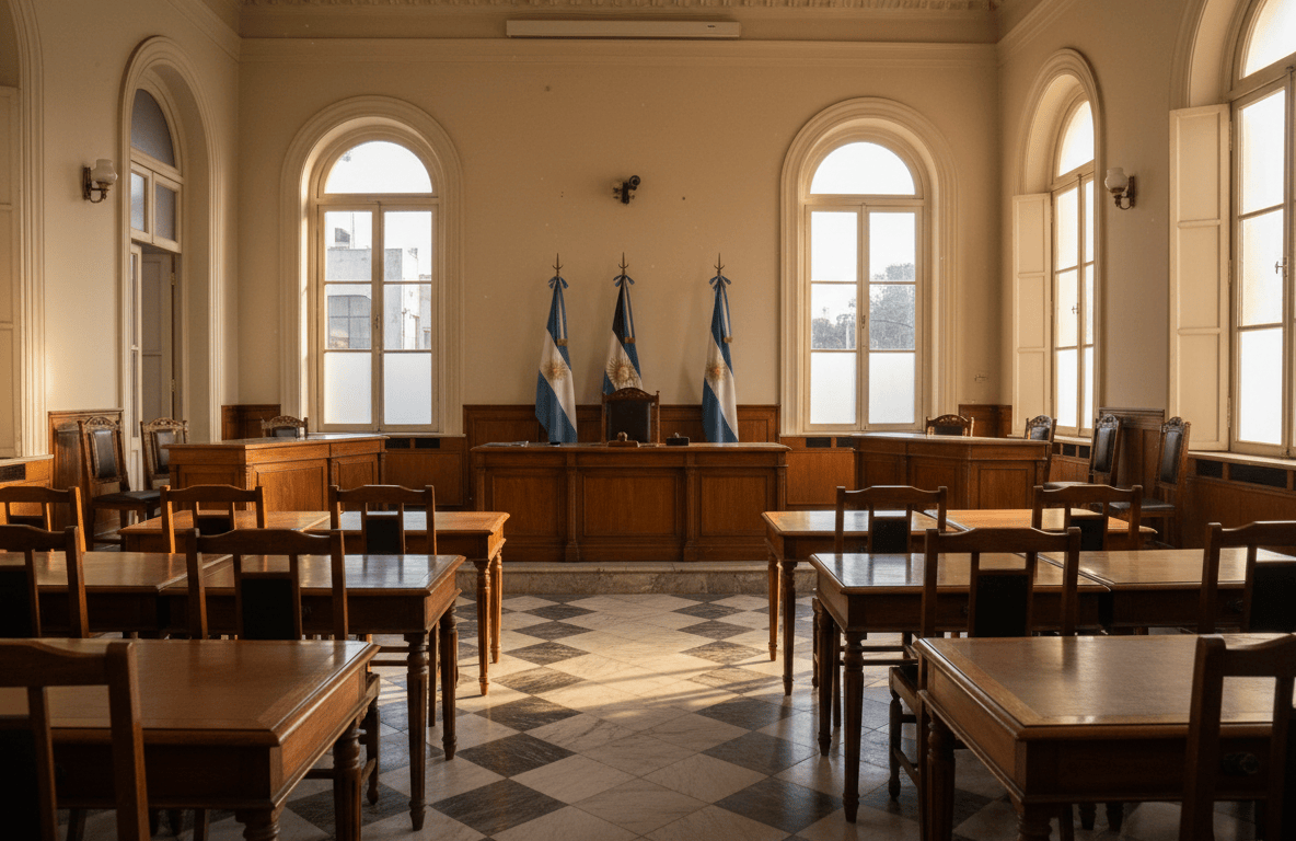Salón vacío de un concejo municipal bonaerense con bancos de madera e iluminación de tarde