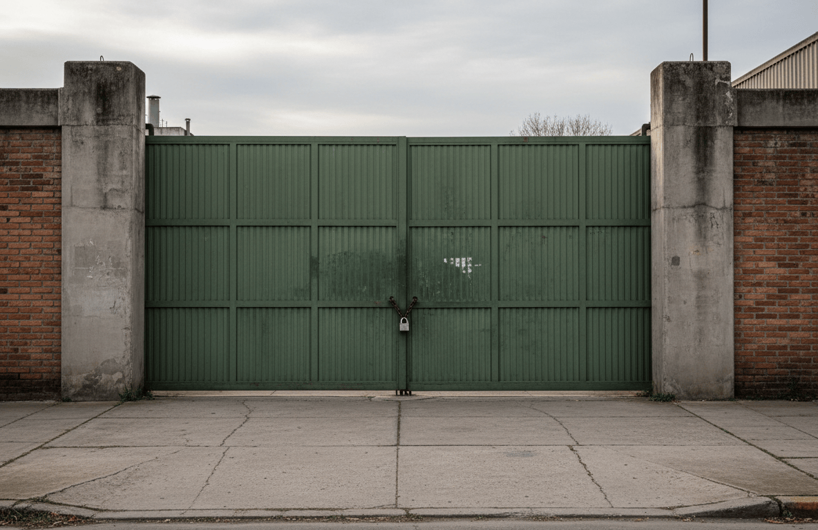 Entrada de una planta industrial en el conurbano, con personas reunidas a la distancia.