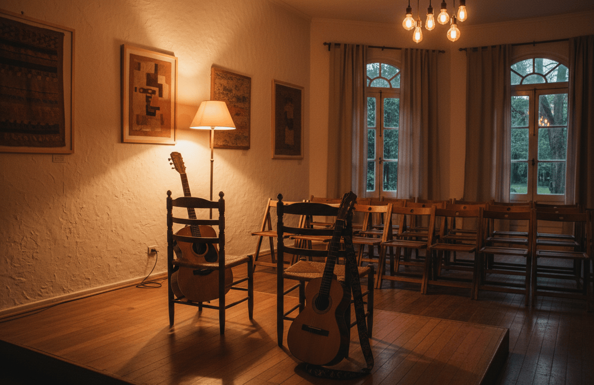 Guitarra acústica sobre una silla de madera en una sala íntima con luz cálida