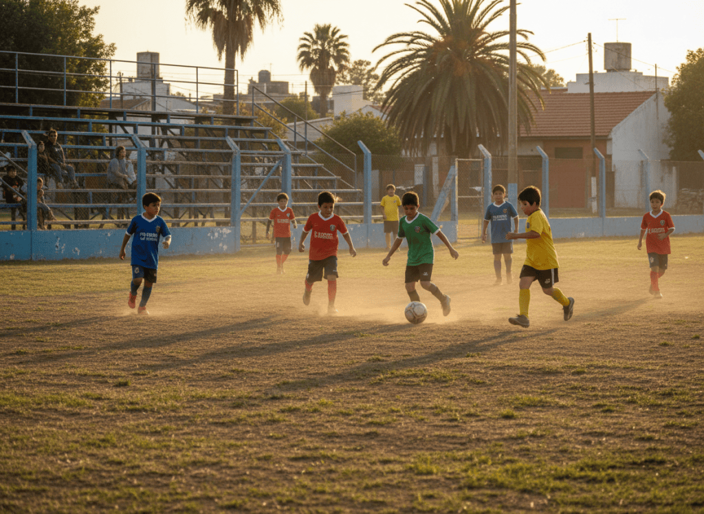 Partido de fútbol infantil en una cancha de barrio