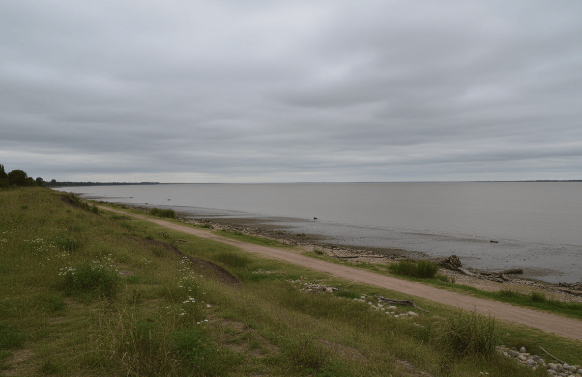 Barrancas y costa del Río de la Plata bajo cielo nublado