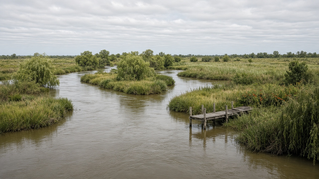 Canal de agua marrón entre islas de pastizales y sauces, con un muelle de madera