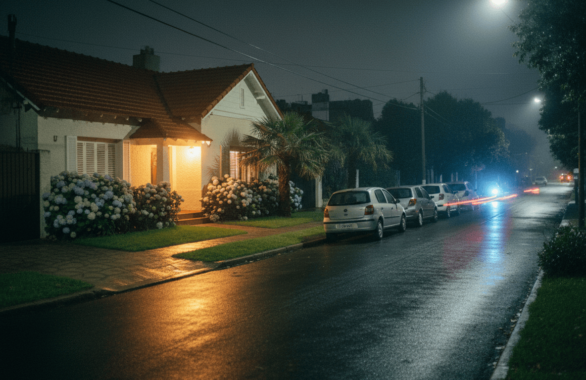 Casa suburbana de noche con luces de emergencia a la distancia