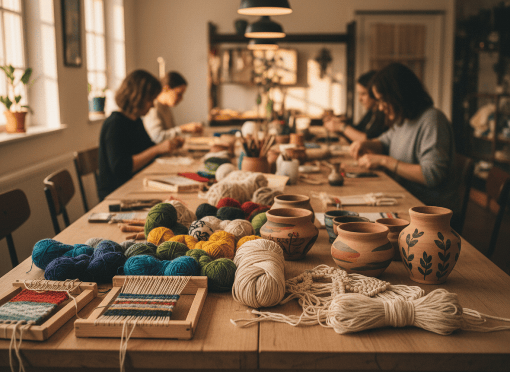 Mesa de taller con tejidos, telar, macramé y macetas pintadas