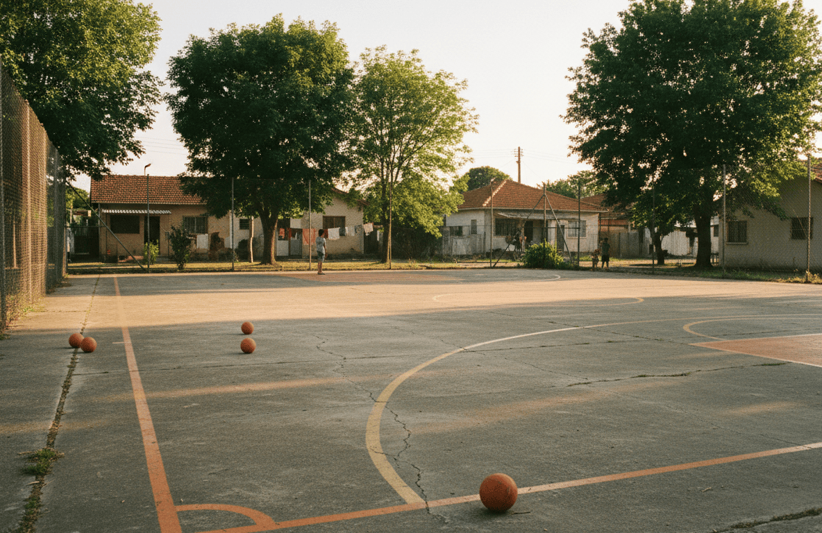 Playón deportivo al aire libre en un barrio del conurbano, con pelota de handball y entorno residencial