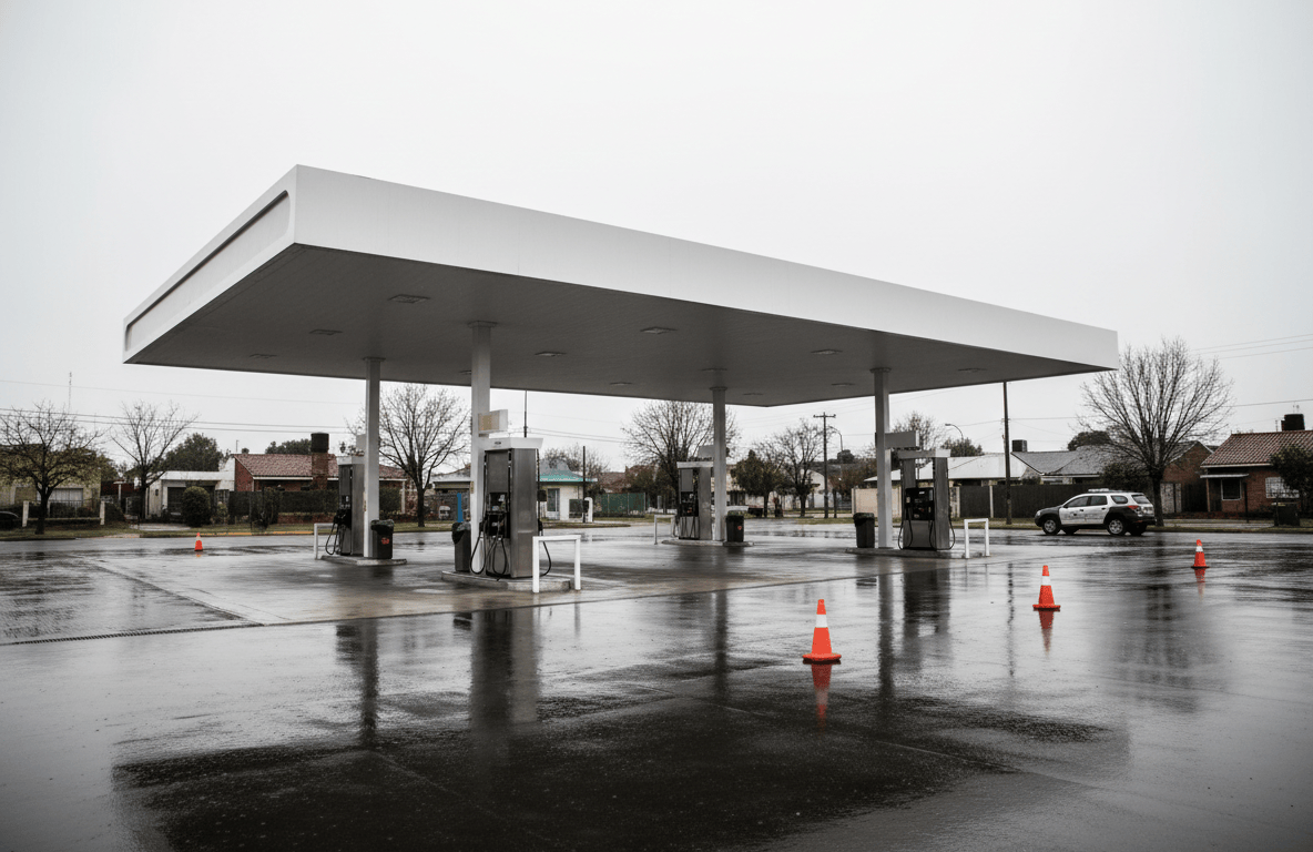 Estación de servicio suburbana con surtidores vacíos y asfalto húmedo, sin marcas ni personas.