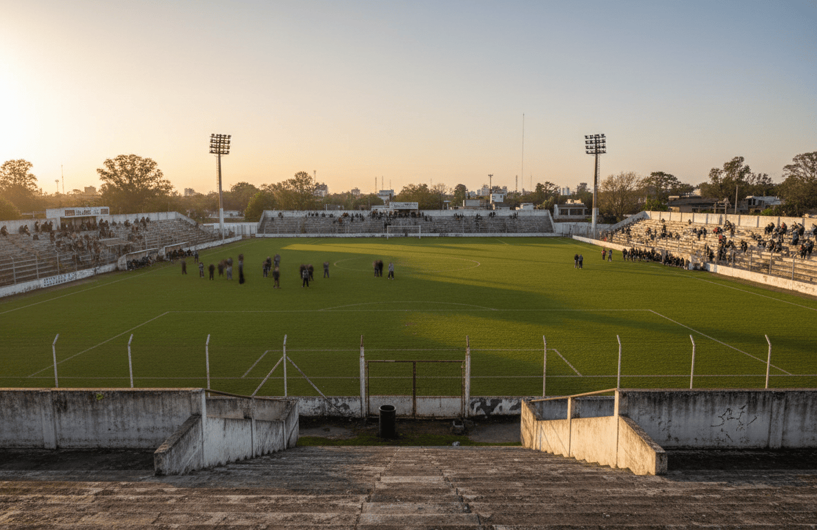 Cancha de fútbol suburbana a la tarde, con césped verde y gradas sin logos.