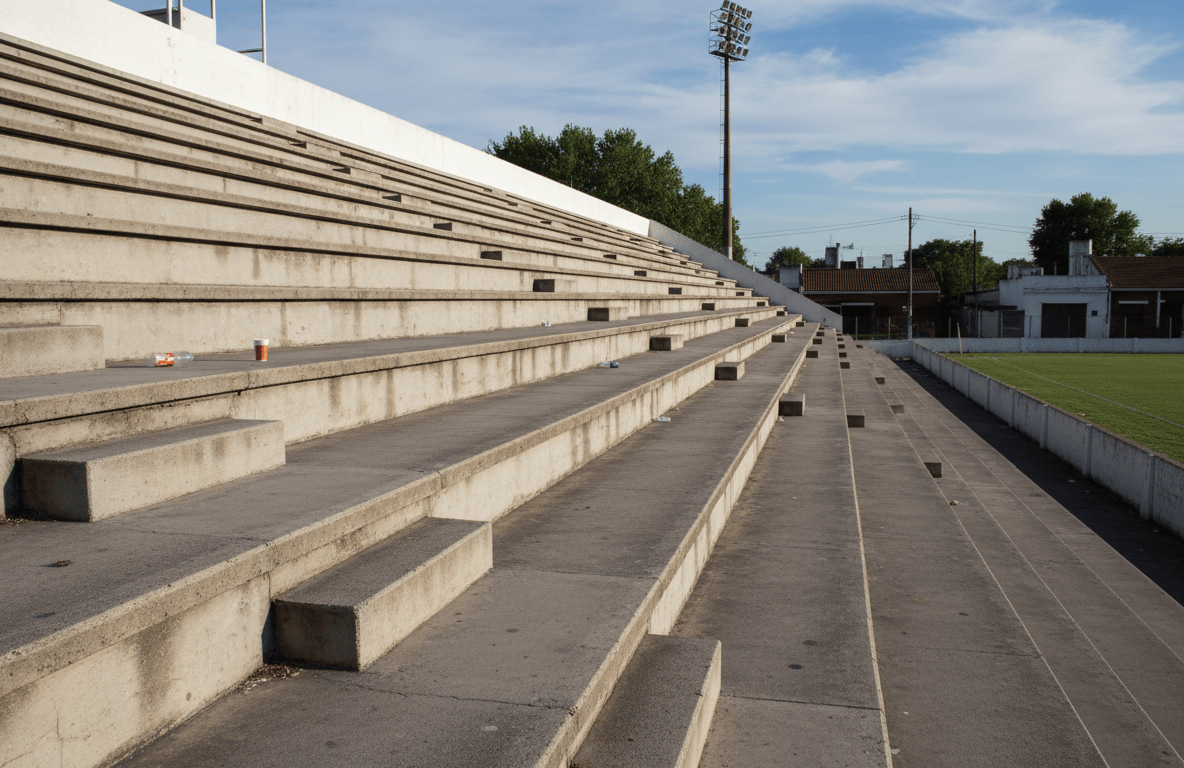 Gradas vacías de un estadio de fútbol suburbano a plena luz del día, sin logos ni texto