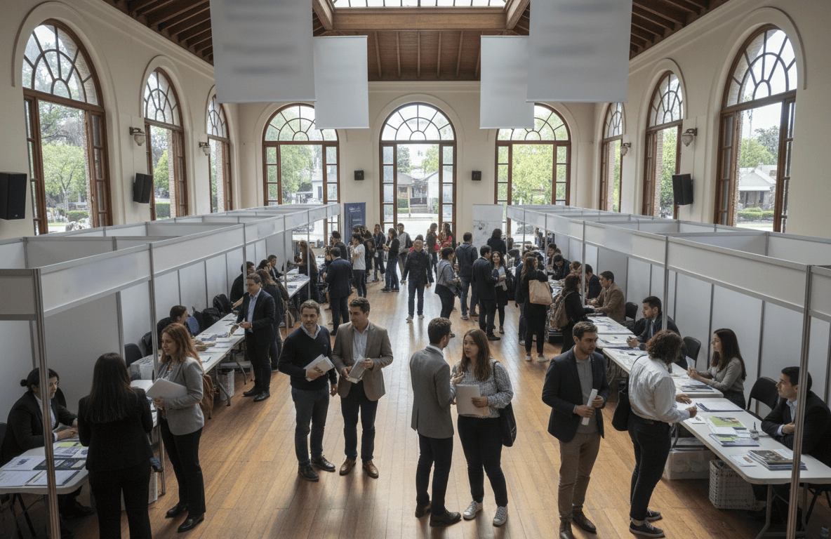 Feria de empleo en un predio universitario, con stands y personas entregando currículums.