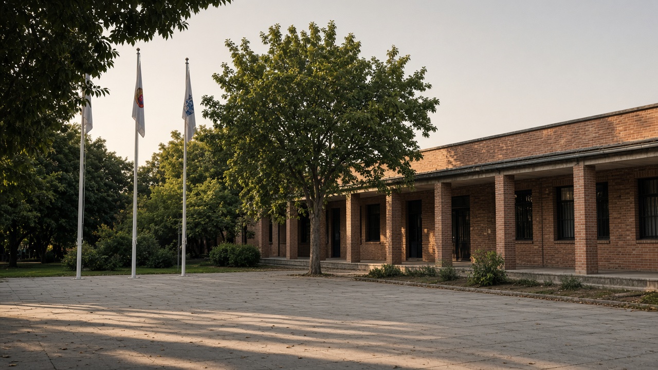 Patio de un colegio de ladrillo con mástiles y un árbol, sin identificación institucional