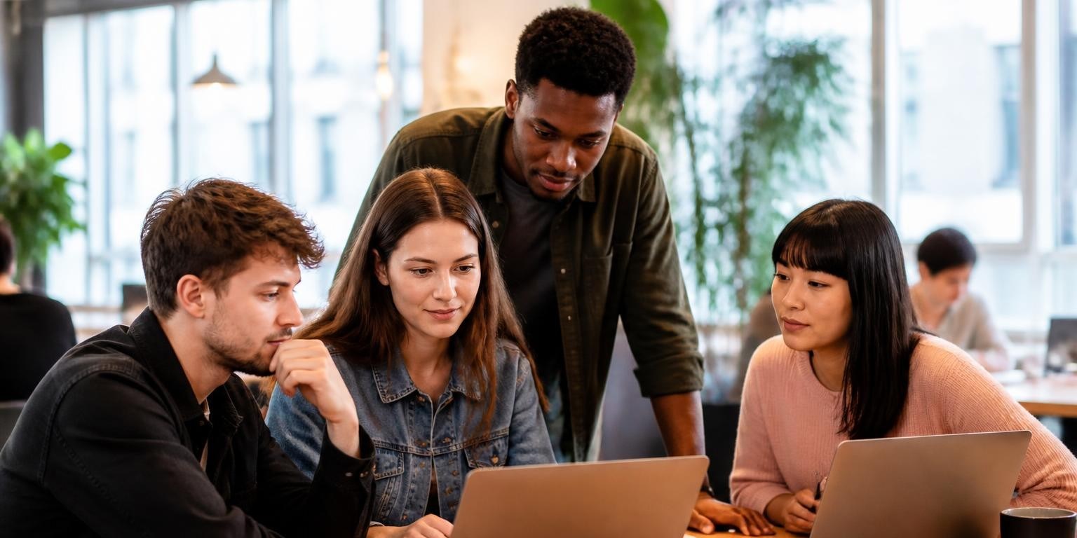 Personas colaborando con computadoras en un espacio de innovación