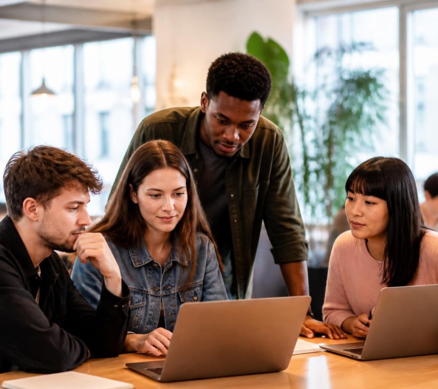 Personas colaborando con computadoras en un espacio de innovación