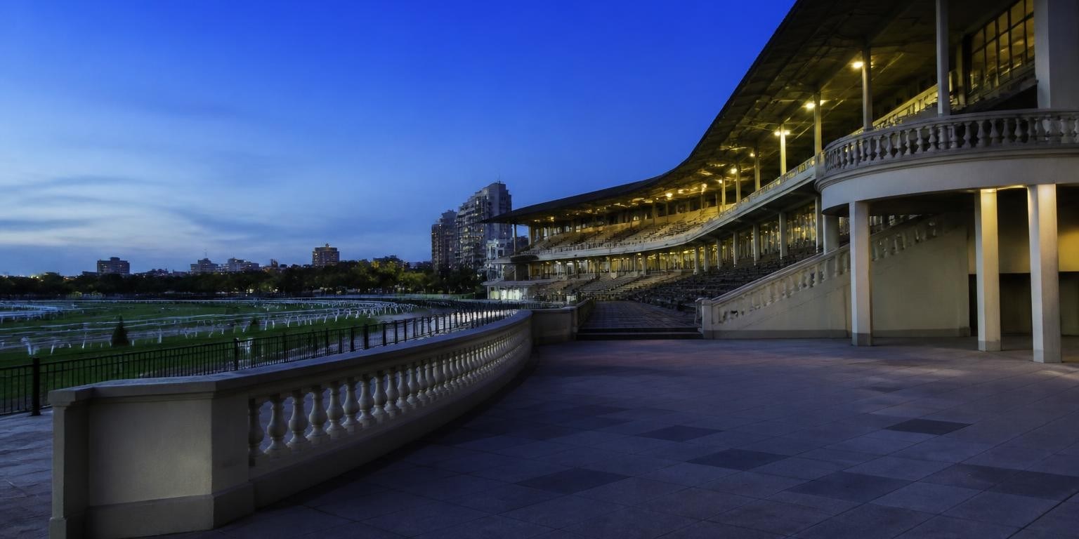 Hipódromo de San Isidro al anochecer, gradas y plaza vacía