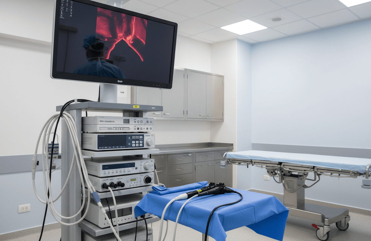 Sala de endoscopía hospitalaria con monitor de alta definición y torre de equipamiento médico, sin logos