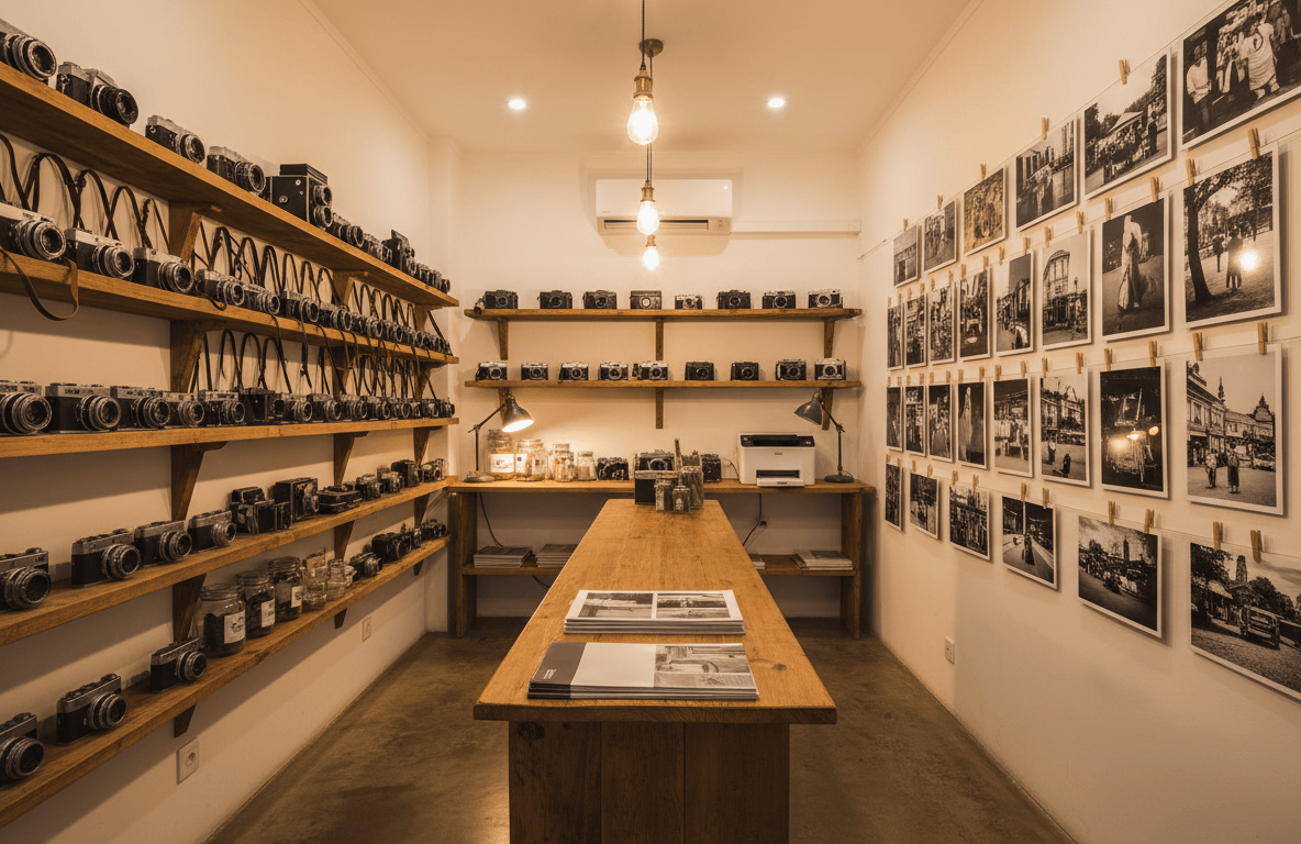 Interior de un local de fotografía con cámaras e impresiones
