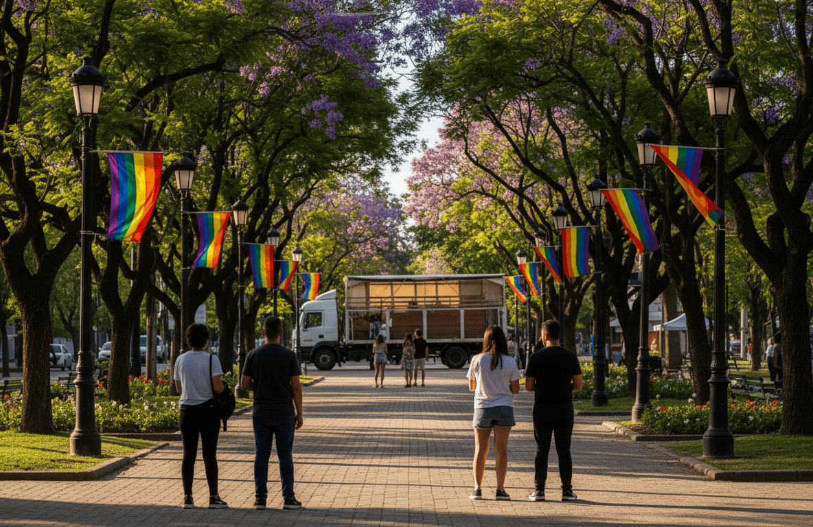 Plaza arbolada con banderas del orgullo en un suburbio bonaerense