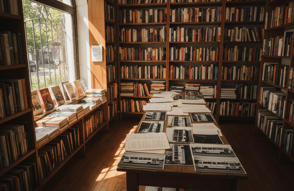 Interior de librería independiente con libros y fotocopias sobre una mesa, sin logos ni texto