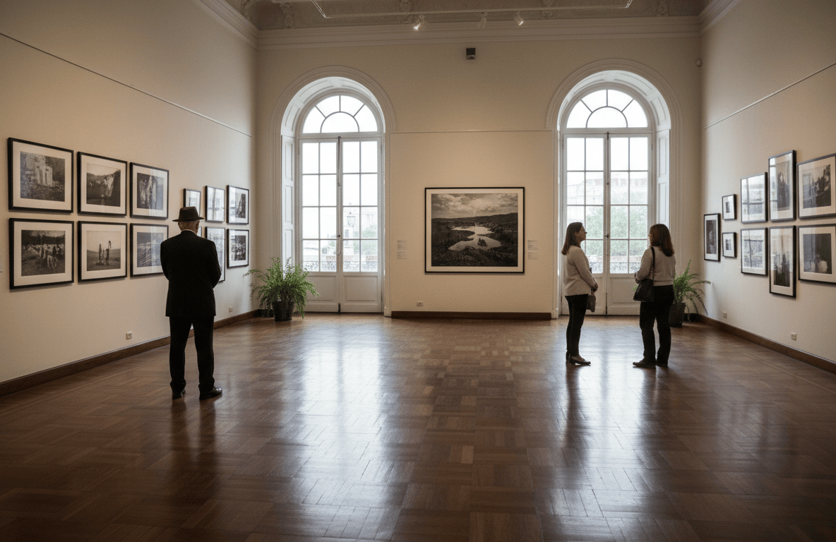 Sala de museo con fotografías enmarcadas en las paredes y luz natural.