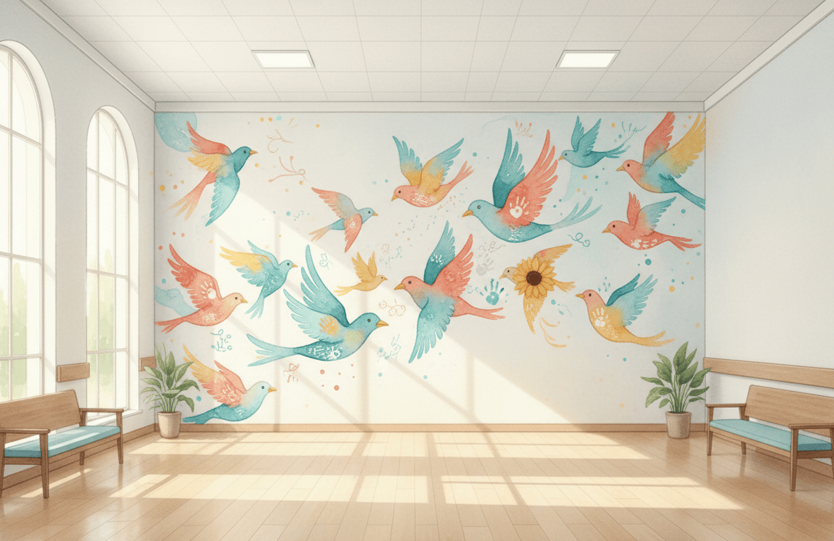 Ilustración de un mural de pájaros de colores en el hall de un hospital