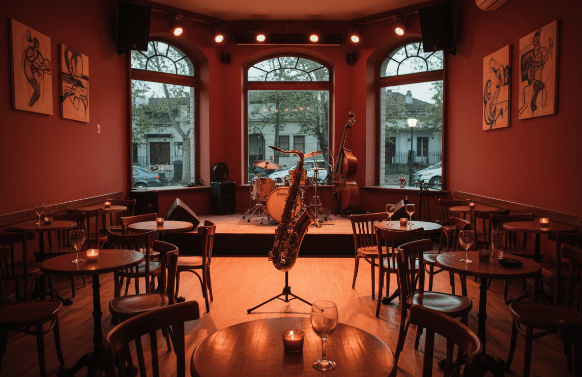 Escenario de jazz vacío con saxofón y luces cálidas