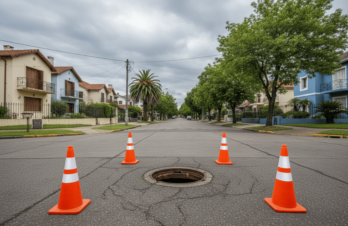 Calle residencial con obras en la red de agua