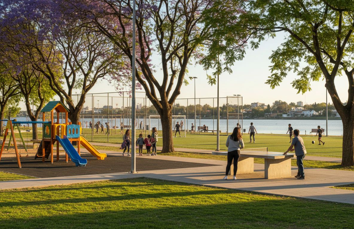 Plaza barrial renovada con juegos y césped al atardecer