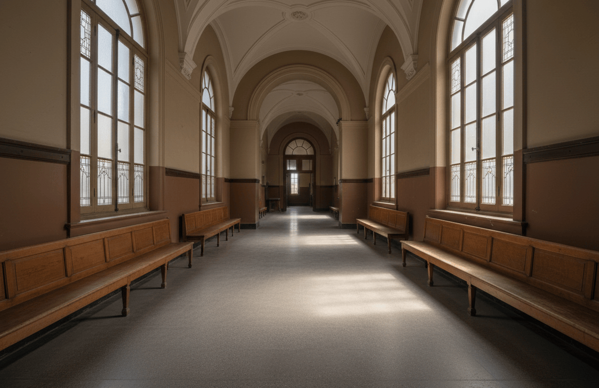 Pasillo vacío de un edificio de tribunales con bancos de madera y luz natural, sin personas ni logos.