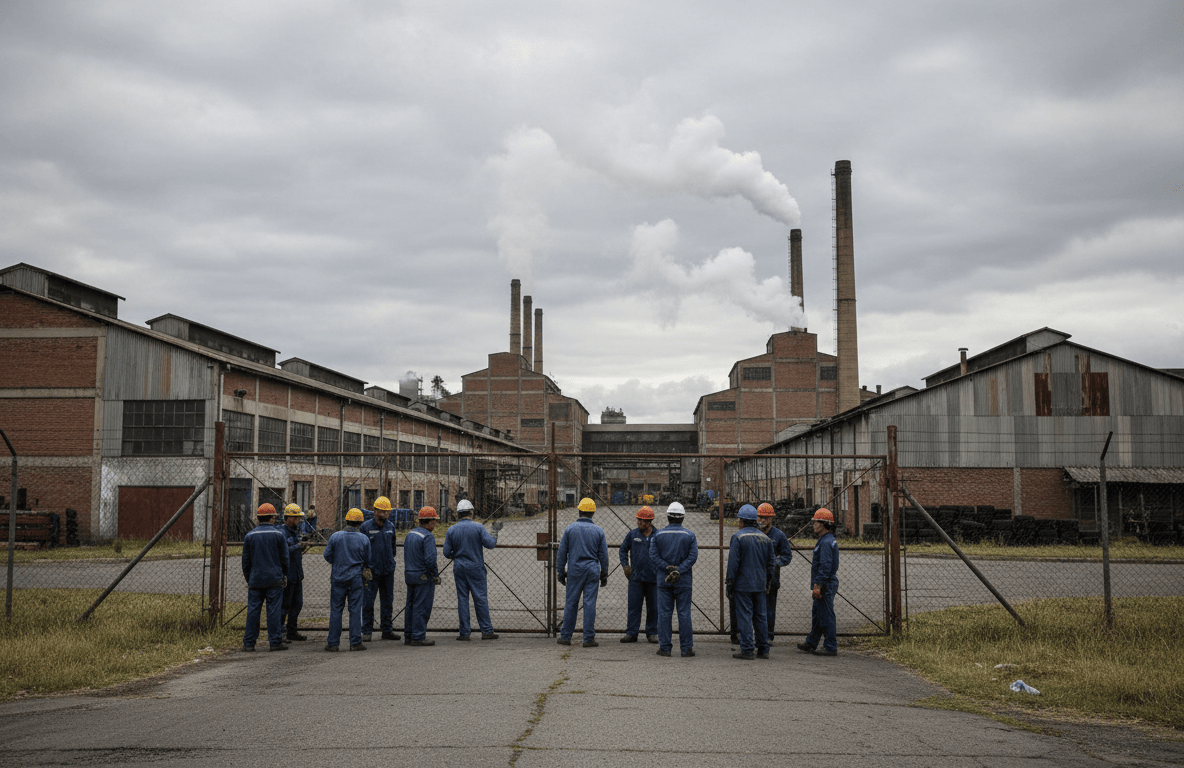 Trabajadores reunidos frente a una planta industrial en el conurbano bonaerense