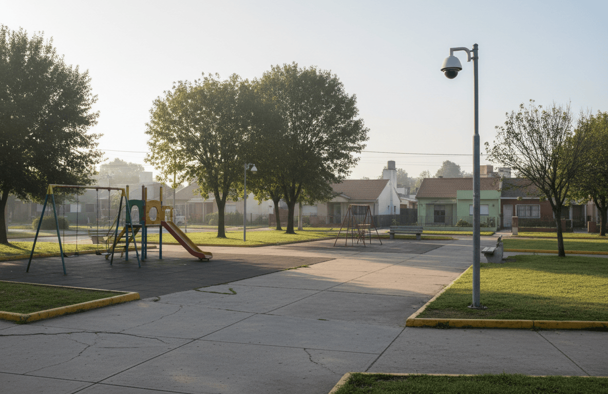 Plaza barrial vacía con una cámara de seguridad municipal