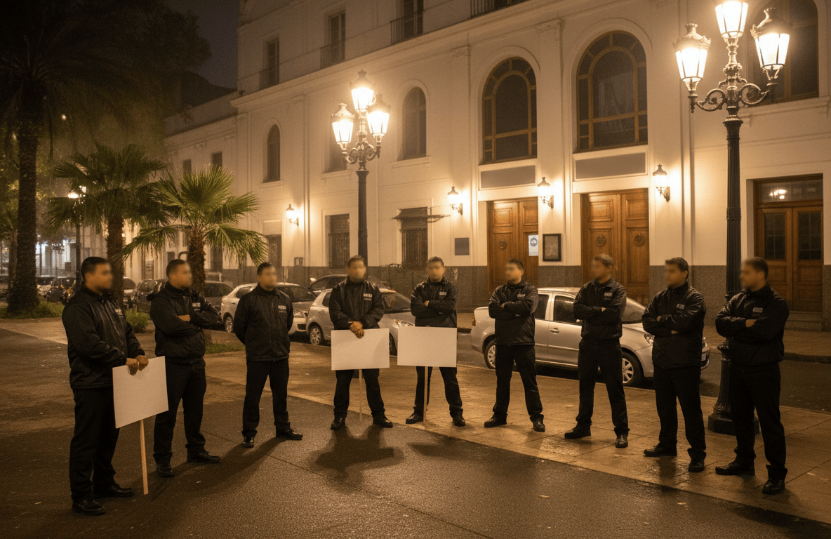 Trabajadores de seguridad concentrados de noche frente a un boliche, sin logos