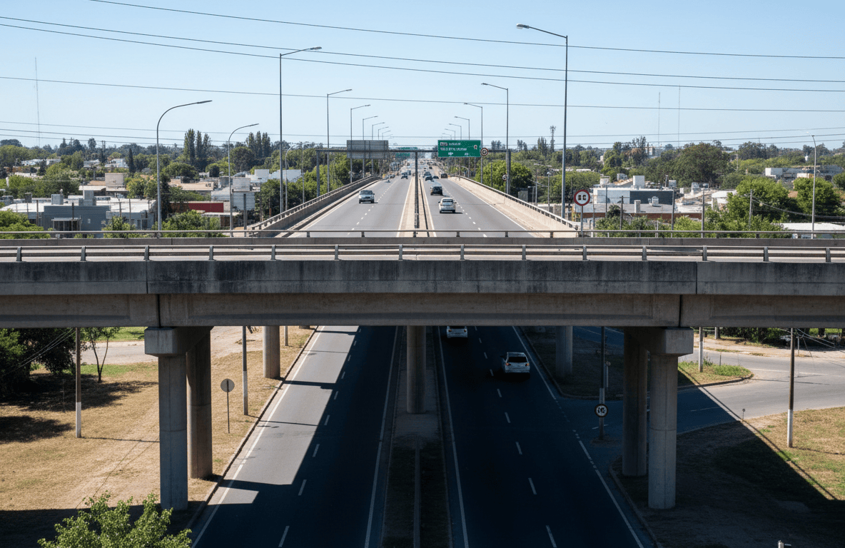 Puente vehicular suburbano sobre una avenida, con tránsito y señalización vial