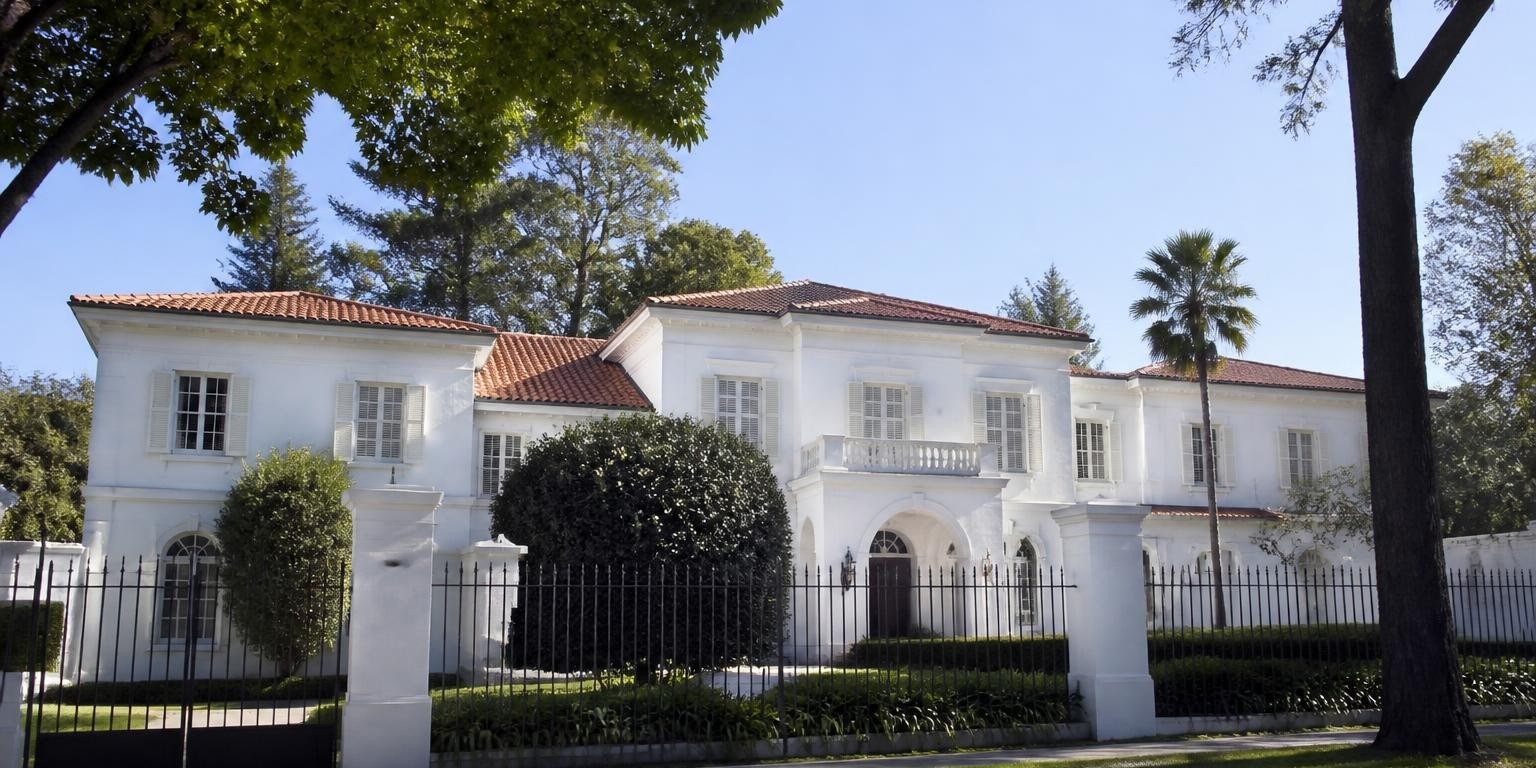 Fachada y jardines de una residencia oficial en Olivos, sin logos