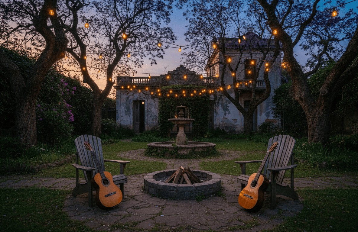 Jardín de una quinta al atardecer con guitarras acústicas