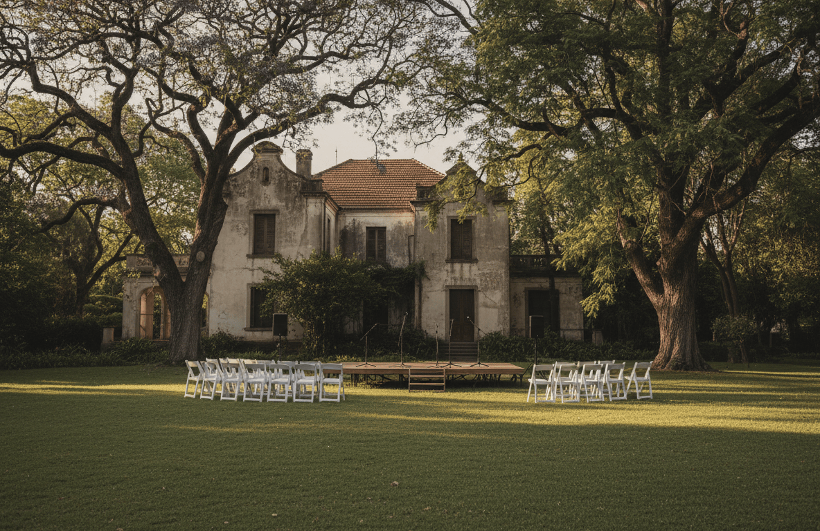 Jardín de una quinta histórica con escenario al aire libre