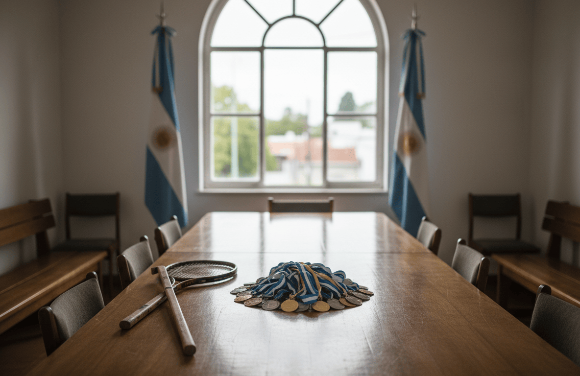 Sala municipal con medallas y elementos deportivos sobre una mesa