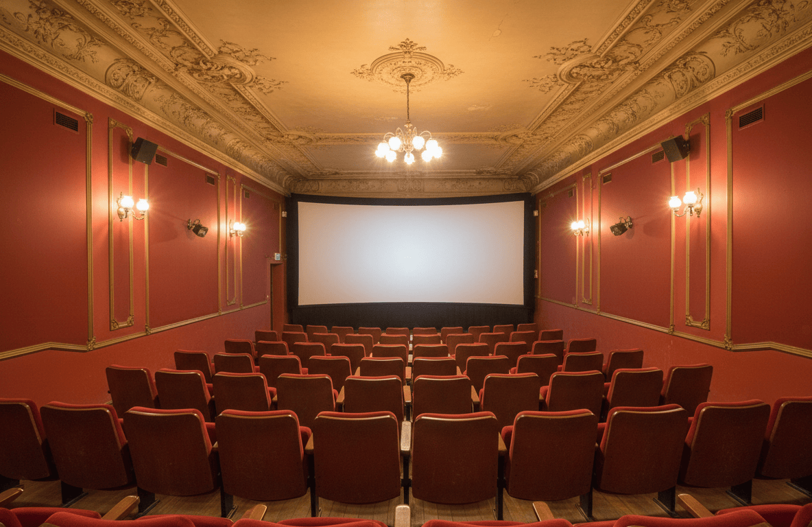 Interior de una sala de cine independiente con butacas rojas y luces cálidas, sin carteles ni logos