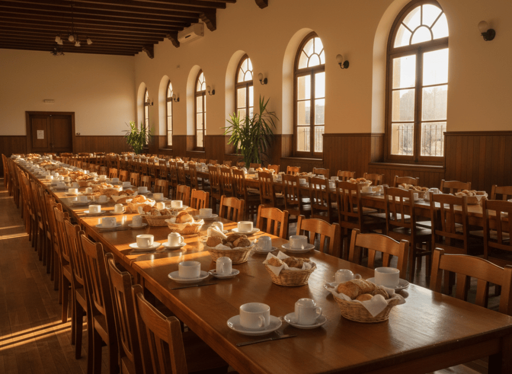 Salón comunitario con mesas preparadas para un desayuno