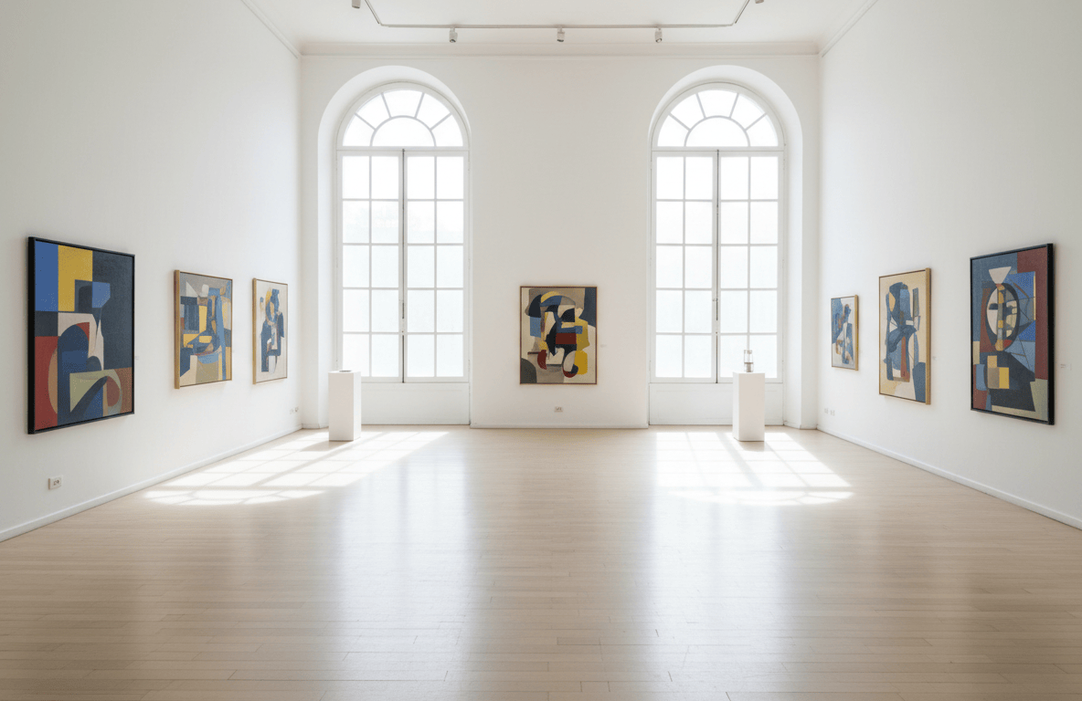 Salón de exposiciones con obras de arte en las paredes