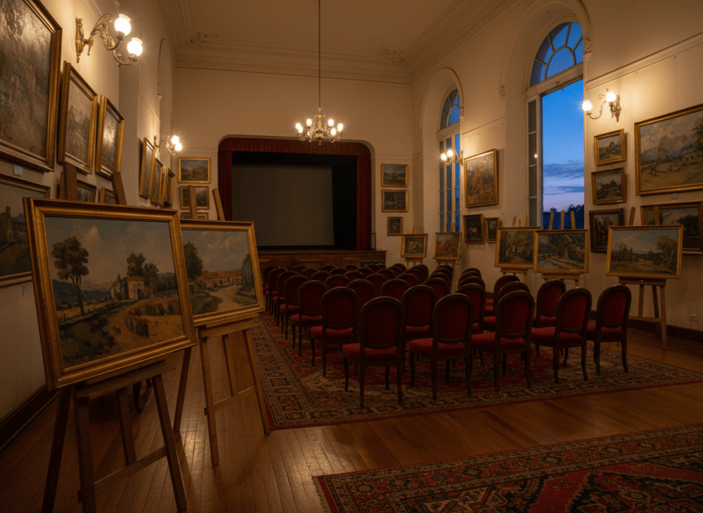 Sala cultural con obras de pintura sobre caballetes y paredes