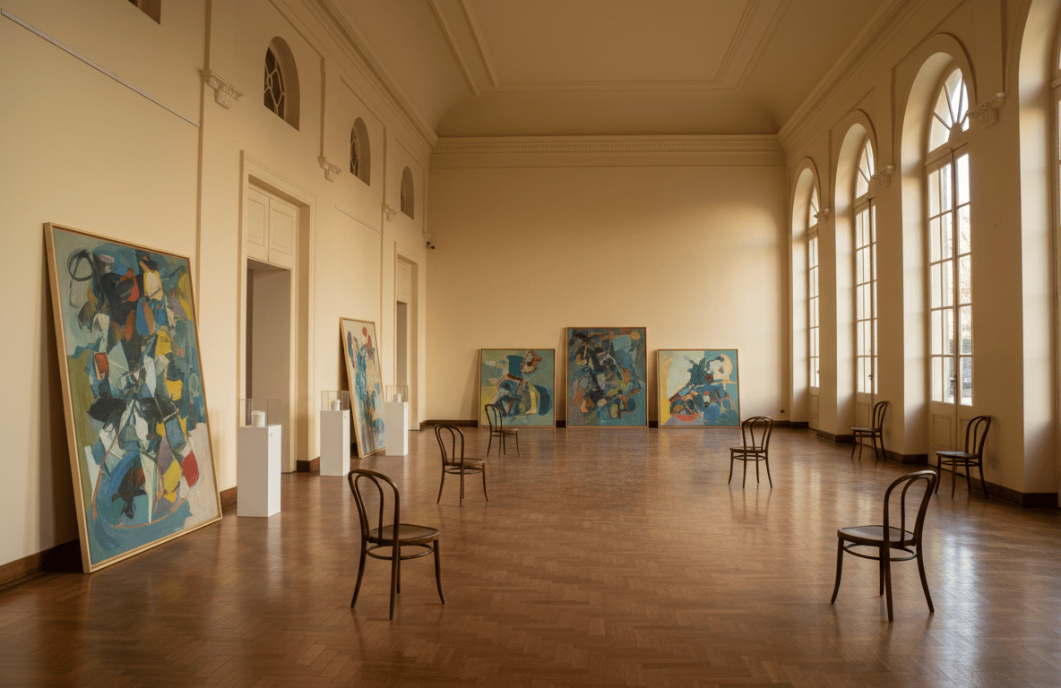 Sala cultural vacía con obras apoyadas antes de una inauguración