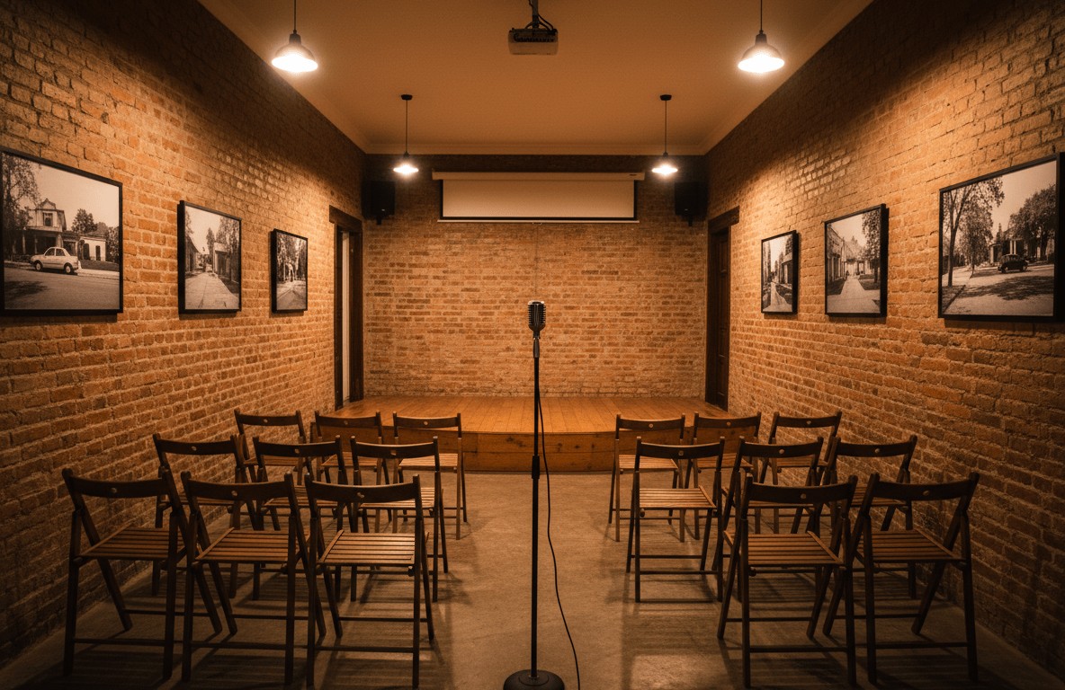 Sala de un centro cultural con sillas y un micrófono