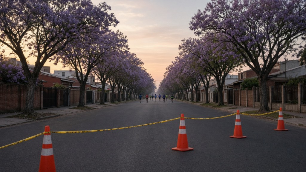 Avenida suburbana con conos de tránsito al amanecer, sin logos