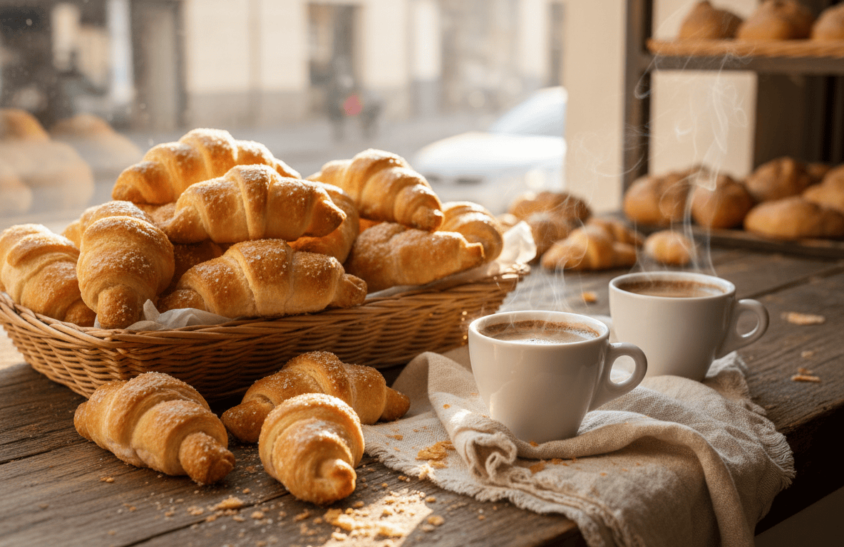 Medialunas y café sobre un mostrador de panadería